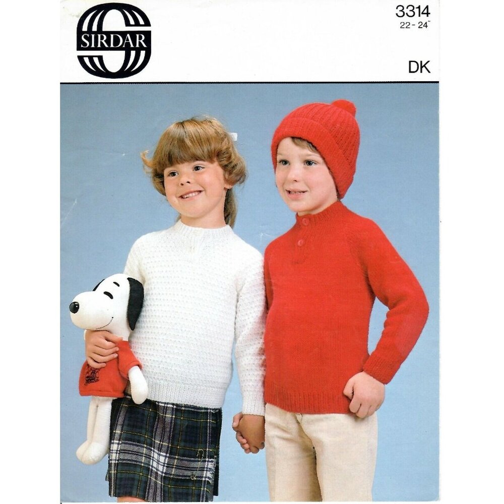 Vintage Knitting Pattern Boy Girl Sweater & Hat 22" to 24" by Sirdar #3314
